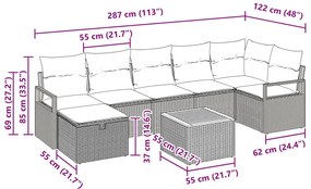 8 darabos kerti kanapé szett párnákkal, szürke, polirattan, 2 személyes kerti kanapé párnákkal, szürke, polirattan