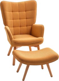 HOMCOM Karosszék Lábpihentetővel, Magas Hátú Szárnyas Szék, Fából készült Lábakkal, Stílusos Karosszék Göndör Mintázattal, Corduroy Hatású, Nappaliba,