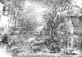 Flizelin fotótapéta Téli falu Fekete-fehér grafika 368x254 +ragasztó