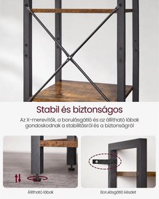 6 szintes könyvespolc, nyitott polcok, álló polc, 40 x 30 x 187,5 cm, rusztikus barna és fekete