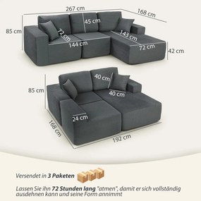 HOMCOM Moduláris Sarokkanapé, L alakú kanapéágy mély Üléssel, széles karfával, 2 párnával, sötétszürke
