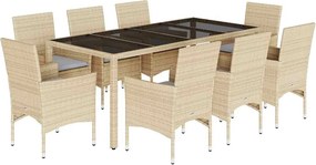 vidaXL 9 részes bézs polyrattan/üveg kerti étkezőgarnitúra párnákkal
