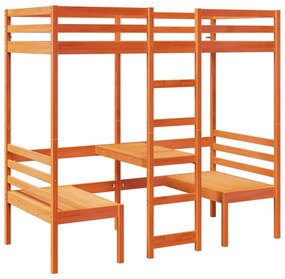 barna fenyő galériaágy-keret asztallal és székekkel 90 x 200 cm