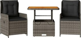 vidaXL 3 részes szürke polyrattan bisztrógarnitúra párnákkal