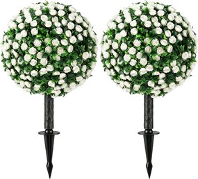 HOMCOM 2 db mesterséges rózsa-topiárium, 55 cm, UV-álló, 306 fehér rózsa és talajszúró – nappali, hálószoba, iroda, kert | Aosom