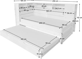 Ágy polcokkal és pótággyal, fehér, 90x200, LENDON
