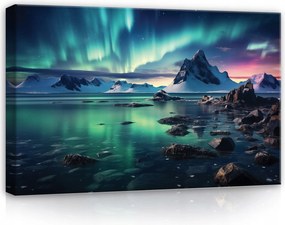 Vászonkép 120x80 Északi fény Aurora Borealis éjszaka hegyek víz mágia kozmosz