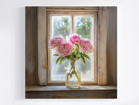 Poszter Ablak Dekoráció Váza Virágok Bazsarózsa Csokor 40x40