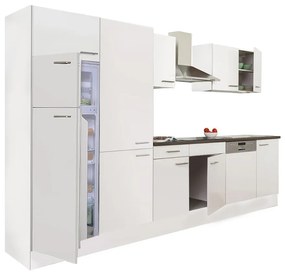 Yorki 340 konyhabútor fehér korpusz,selyemfényű fehér fronttal polcos szekrénnyel és felülfagyasztós hűtős szekrénnyel