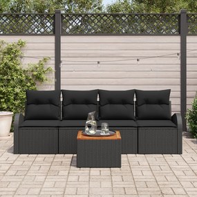 5 darabos Kertibútor szett párnákkal Fekete Poli Rattan Akácia, 2 személyes Kertibútor tárolóval és párnákkal Fekete Poli Rattan