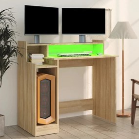 sonoma tölgy színű szerelt fa íróasztal LED-ekkel 97x45x90 cm