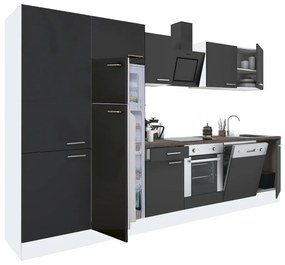 Yorki 330 konyhabútor fehér korpusz,selyemfényű antracit front alsó sütős elemmel polcos szekrénnyel és felülfagyasztós hűtős szekrénnyel