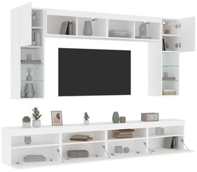 8 darabos fehér falra szerelhető TV-szekrényszett LED-ekkel