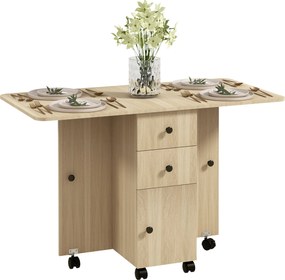 HOMCOM Összecsukható Étkezőasztal Konyhai Asztal Kerekekkel Összecsukható Szárnyakkal Fiókokkal és Szekrénnyel 4-6 Fő részére 120x60x76.5 cm Természet