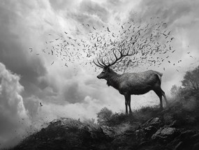 Canvas Vászonkép Absztrakt Természet Szarvas Madarak Szürke Hegyek 80x60