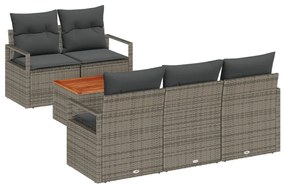 6 db-os kerti kanapé szett párnákkal szürke poli rattan akáccal, 2 személyes kerti kanapé tárolóval és párnákkal szürke poli rattan