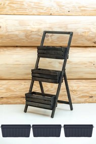 Virágtartó állvány fa összecsukható fekete virágtartó 3 doboz +3 betét