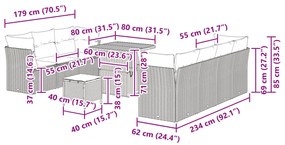 10 részes kerti kanapé szett párnákkal fekete poli rattan akác, 3 részes kerti étkező szett párnákkal fekete poli rattan akác