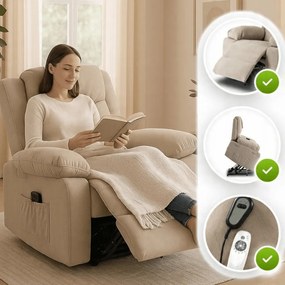 Elektromosan Vezérelhető Masszázsfunkciós Relaxfotel Bézs Színben, Felállást Segítő Funkcióval. FENIX