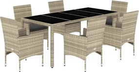 vidaXL 7 részes szürke polyrattan/üveg kerti étkezőgarnitúra párnákkal