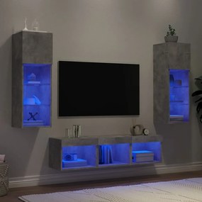 5 darab betonszürke szerelt fa fali TV-bútor LED-del