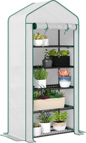 Outsunny 5 Polcos Kerti Üvegház, Erkély Üvegház, Erősített 135 g/m² Ponyva, Acél Váz, Felhúzható Cipzáras Ajtó, Zöldségek, Növények, Virágok Számára,