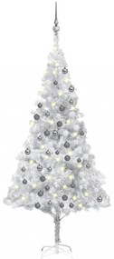 Ezüstszínű PET műkarácsonyfa LED-ekkel és gömbszettel 180 cm