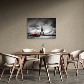 Üveg kép - Az Eiffel-torony és a piros autó (70x50 cm)