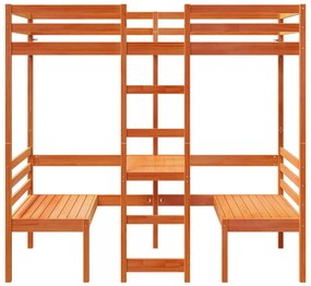 barna fenyő galériaágy-keret asztallal és székekkel 90 x 200 cm