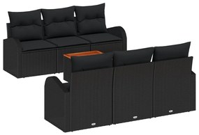 7 Részes Kerti Kanapé Szett Párnákkal Fekete Poli Rattan Acácia
