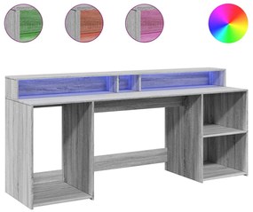 szürke sonoma színű szerelt fa íróasztal LED-ekkel 200x55x91 cm