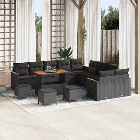 14 Részes Kert Sofa Készlet Párnákkal Fekete Poli Rattan Akácia