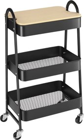 HOMCOM 3-Tier Görgős Segédszekrény Konyhai Kocsi 3 Acél Kosárral és 1 Fedlappal Étkezőbe és Fürdőszobába 45x31x79,5 cm Fekete | Aosom