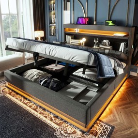 Dupla ágy Kárpitozott Led ágy Usb és Type-C polc 140x200 szürke