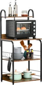 HOMCOM 4-szintes Konyhai Polc Konyha Állvány Fogasokkal Mikrohullámú Sütőhöz 60x40x125 cm Rusztikus Barna és Fekete | Aosom