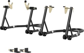 HOMCOM 2 db Állítható Trianguláris Motorkerékpár Állvány 390 kg Kapacitással, Hátsó és Elülső Vetőállvány Acélból U és L Kanalakkal, Kerekekkel, Garáz