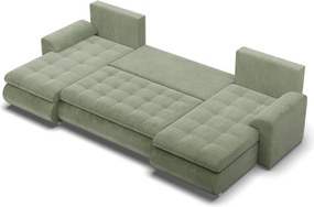 Tokio U alakú sarokkanapé, 3 ágyneműtartóval, kordbársony, univerzális oldal, zöld