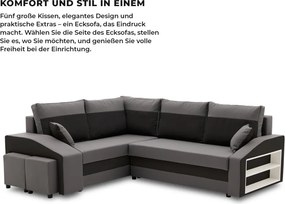 Grande sarokkanapé polcokkal és puffokkal , polc a jobb karfaban puffok a bal karfaban, baloldali, szövet anyag, bonell töltet, szürke - fekete