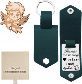 Kulcstartó Valentin Napi Ajándék gravírozással bőr zöld Blingart