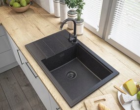 Gamma Gamma, 1-kamrás kézi szifon gránit mosogatóhoz négyzetes túlfolyóval, fekete matt, GMA-1M11ZBKLB