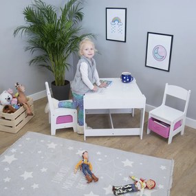 Ourbaby gyerekasztal székekkel, rózsaszín dobozokkal