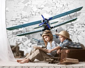Fotótapéta - A repülőgép kirepül a falból 3D-ben (152,5x104 cm)