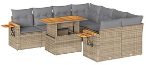 9 részes bézs polyrattan akácfa kerti ülőgarnitúra párnákkal