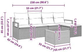 6 Részes Kert Sofa Készlet Párnákkal, Fekete Polirattan, Akác, 2-Személyes Kert Sofa Párnákkal, Fekete Polirattan