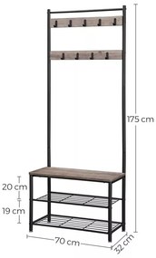 Előszoba fogas polccal, akasztókkal, cipőtartóval és ülőkével, greige 70x32x175cm