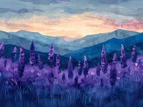 Vászonkép Canvas Levendula Hegyek Naplemente Lila Akvarell 100x75