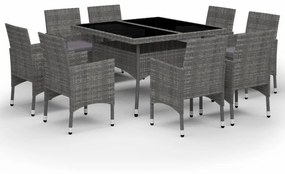 9 részes szürke polyrattan és üveg kerti étkezőgarnitúra