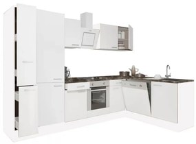 Yorki 310 sarok konyhabútor fehér korpusz,selyemfényű fehér front alsó sütős elemmel polcos szekrénnyel