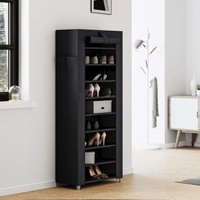 Cipőtartó, 9 szintes cipőszervező fedéllel, 27-35 pár cipőhöz, fekete