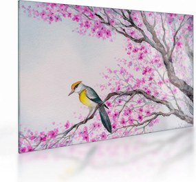 Kép - Madár egy fán rózsaszín virágokkal (üvegen) (70x50 cm)